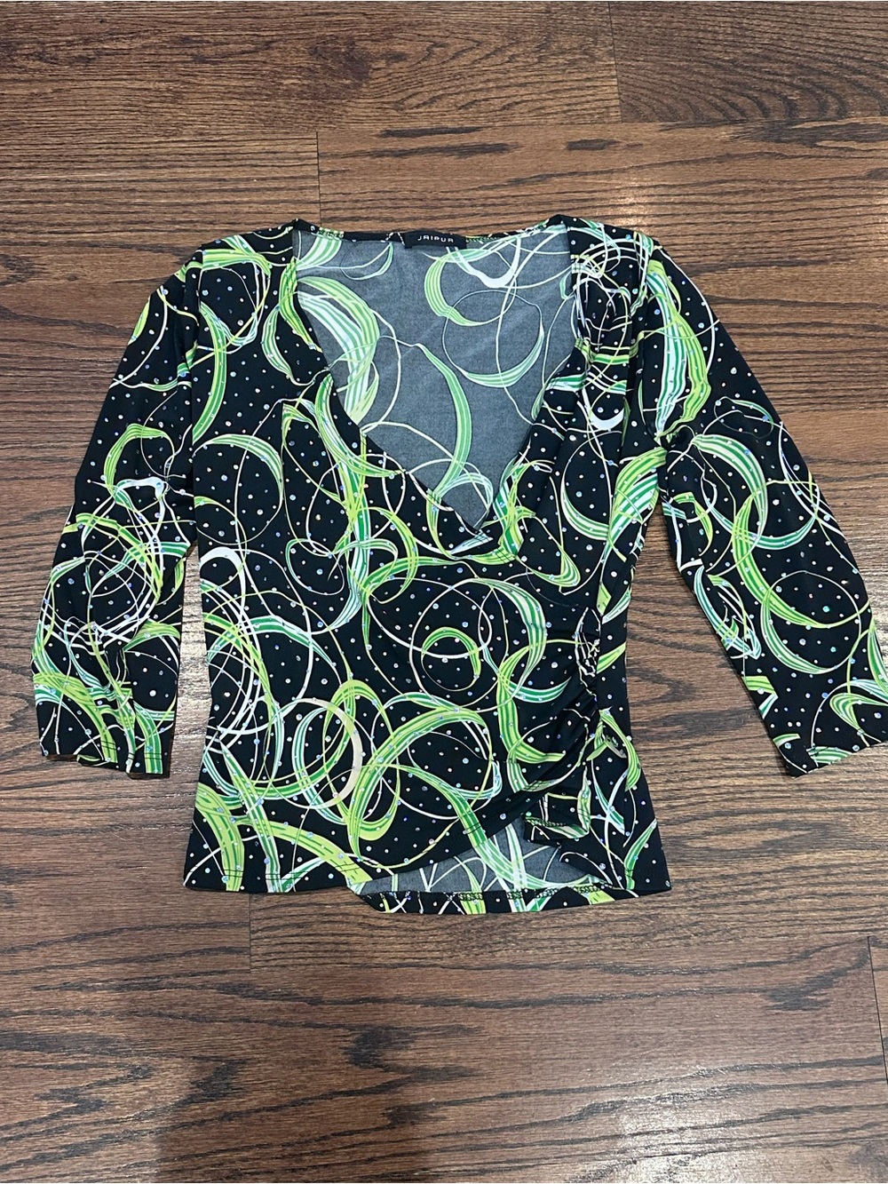 Jaipur Black Wrap Blouse with Neon Green and White Swirl Print